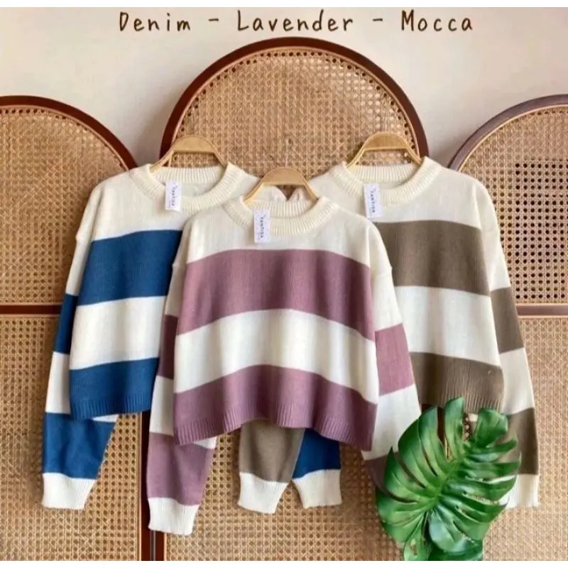 Elvana Crop Blouse Atasan Wanita Rajut Motif Garis Knitwear Baju Oversize Top