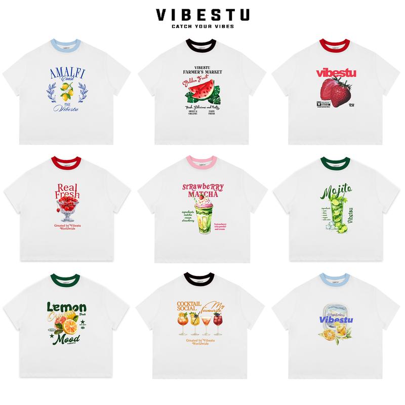 Áo Thun Phối Cổ Local Brand VIBESTU "BST Trái Cây Vers 2" Áo Thun Unisex Form Big Boxy Cotton 250Gsm