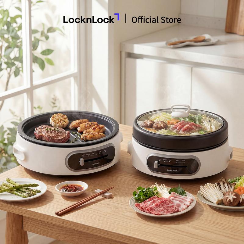 Nồi điện đa năng LocknLock EJP544WHT 220-240V, 50/60Hz, 1300-1500W, 4L - Màu trắng, có nồi lẩu và vỉ nướng, nắp thủy tinh