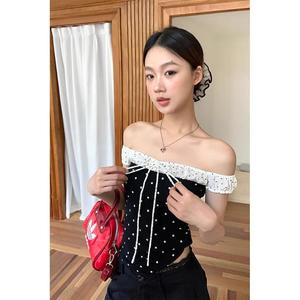 เสื้อยืด ลายจุด เปิดไหล่ แขนสั้น สำหรับผู้หญิง สไตล์ใหม่ หน้าร้อน ดีไซน์ไม่ซ้ำใคร ทรงสลิมฟิต เสื้อสั้น อินเทรนด์ สไตล์สาวฮอต