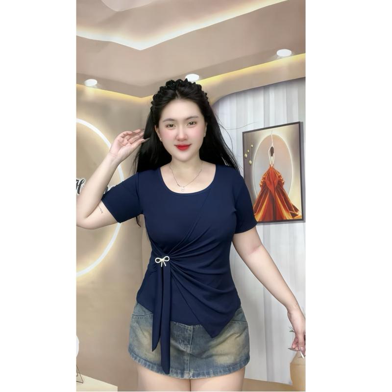 [TẶNG NƠ ĐÁ] Áo thun nữ bigsize cổ tròn phối viền thiết kế dây rời thắt eo vạt xẻ tà vải thun tăm [TN600]