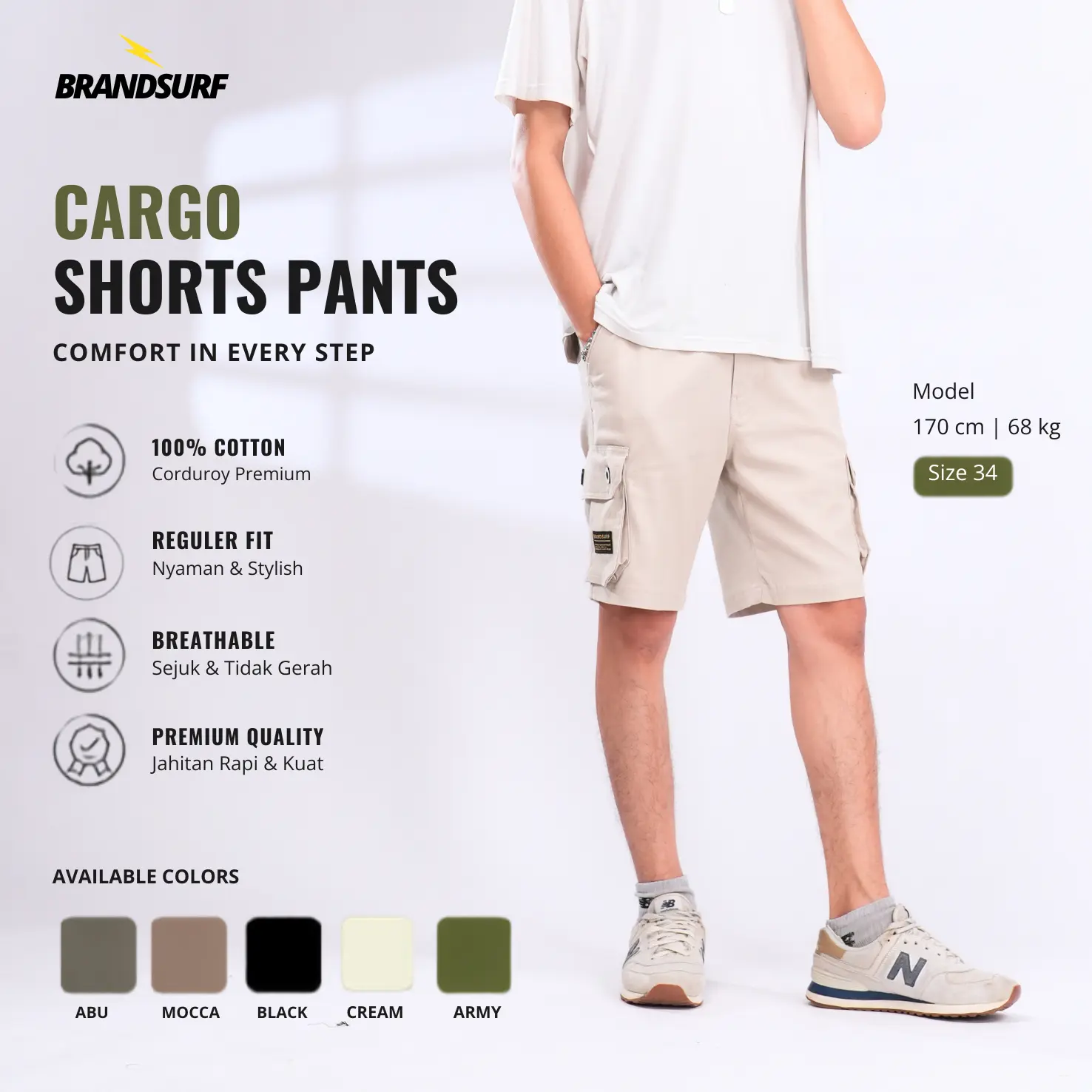 Celana Cargo pendek Seris Semua Warna (BRANDSURF) - Bahan Katun Twill - Rapih dengan tiga jahitan - Size 28-39 - Chino, Casual