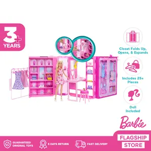 Barbie Dream Closet Pink Playset With Fashion Doll - Mainan Aksesoris Boneka Anak Perempuan