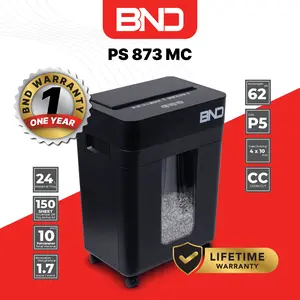 MESIN PENGHANCUR KERTAS TIDAK BERISIK AUTO FEED 150 LEMBAR | BND PS 873 CC | 150 LEMBAR | 40 DB | P4 HASIL 4X10 MM | CROSS CUT | 25 LITER | UP TO 30 MINUTE WORKING TIME