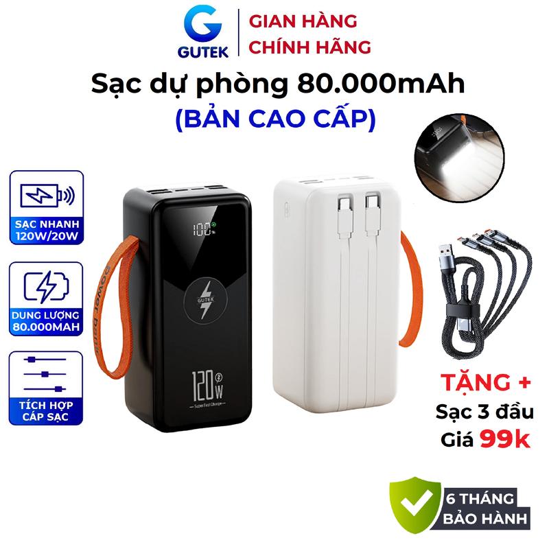 [Tặng sạc 3 đầu] Sạc dự phòng 80000mAh sạc nhanh 120W pin dung lượng lớn có dây cắm nhiều điện thoại - Gutek GT240