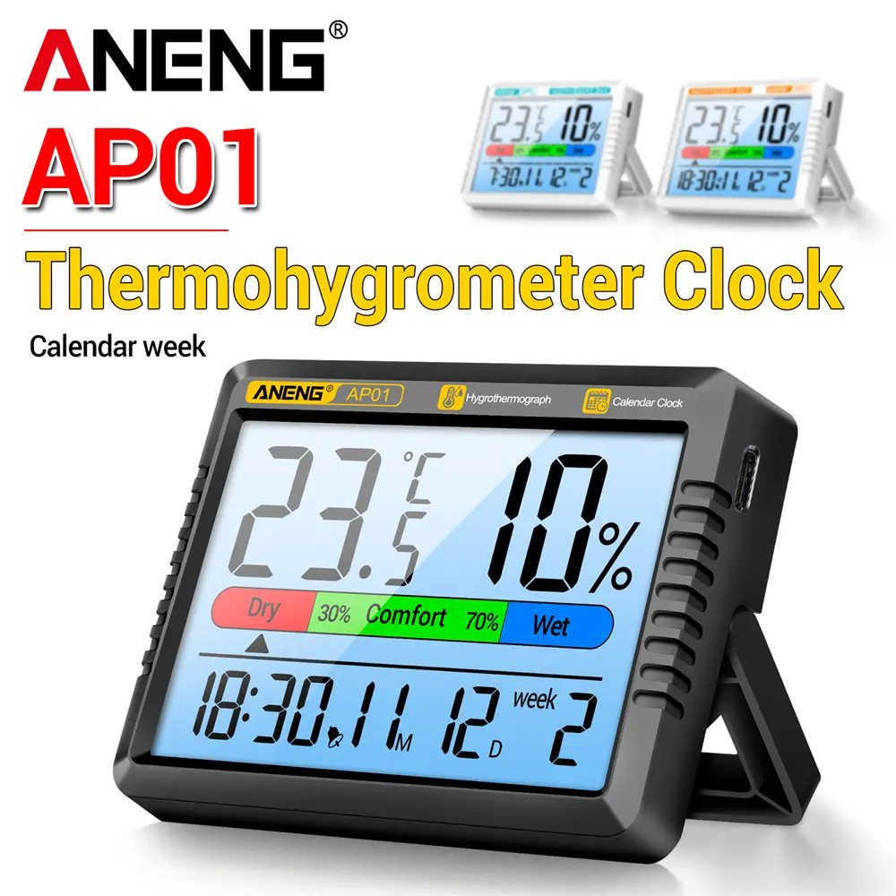 ANENG AP01 Thermometer Hygrometer Backlight Air Electronic Temperature Humidity Monitor Meter Alarm Clock Rechargable Test Tools