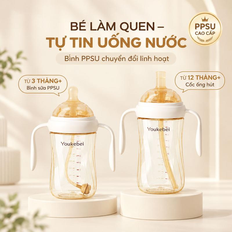 Bình Sữa PPSU 240ml Núm Ti 2 Lỗ & Bình Tập Uống 300ml Đầu Hút Silicone Cho Bé – Có Tay Cầm, Bóng Trọng Lực, Thiết Kế Hỗ Trợ Giảm Đầy Hơi, Chất Liệu Silicone Mềm Mại - 3M+/8M+