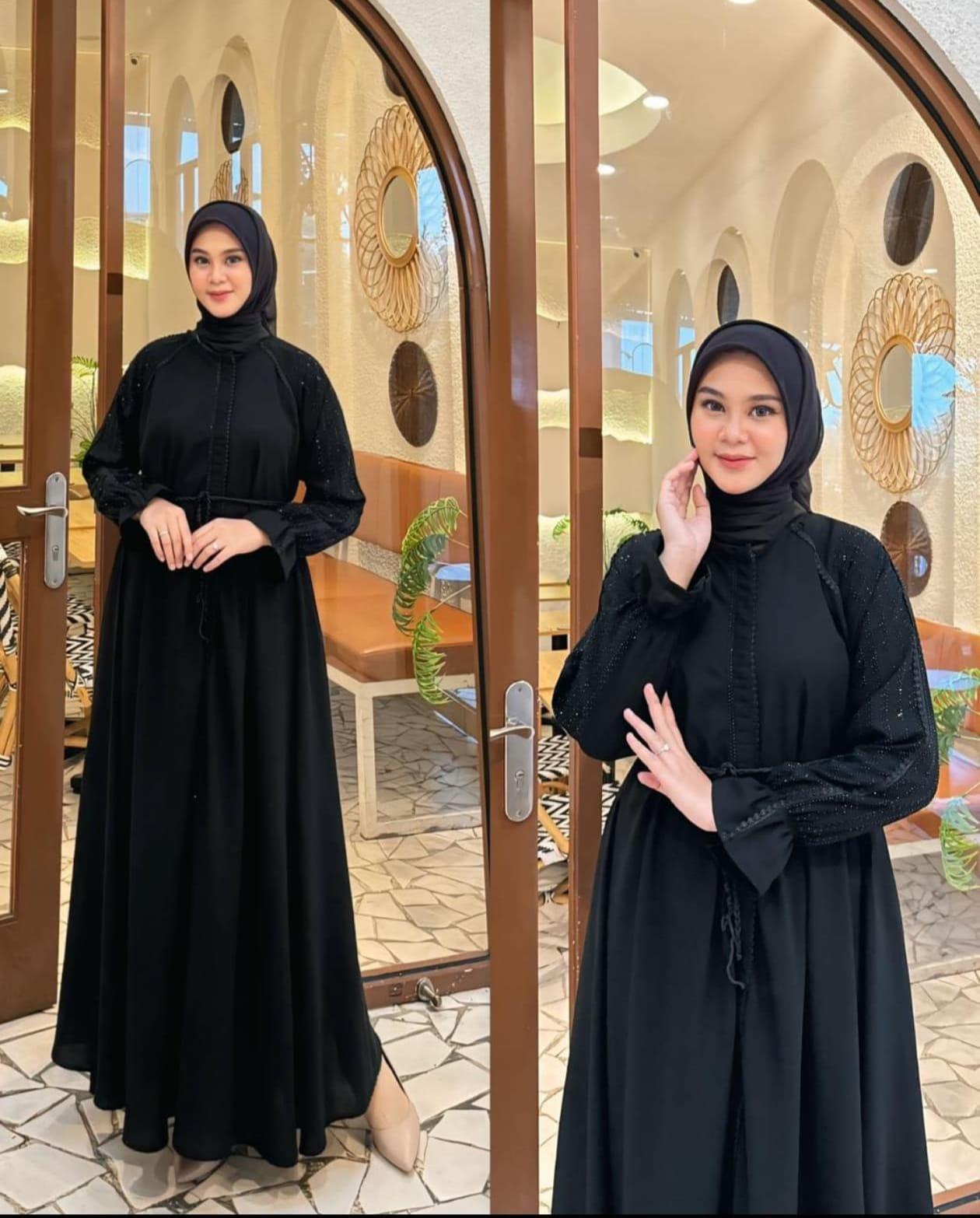 Abaya premium set kerudung pasmina ceruty gamis abaya dubai jet black wolpich wolpis resleting full bisa jadi outer terbaru
