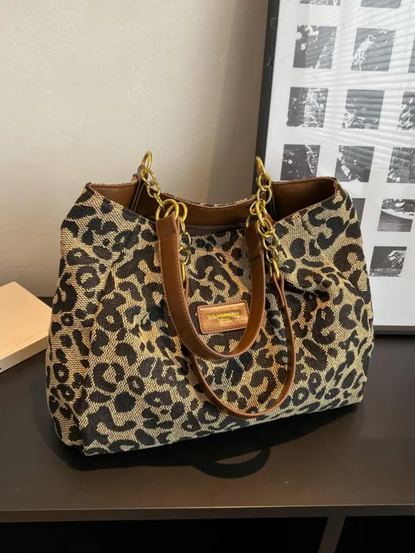 Fashion Leopard Pattern Tote Bag, Lightweight and Versatile Shoulder Bag, Casual Large Capacity Commuting Bag, Shopping Bag, Solid Color Bag 0