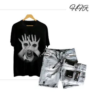 Setelan kaos distro motif mata dan celana jeans sobek pendek dewasa