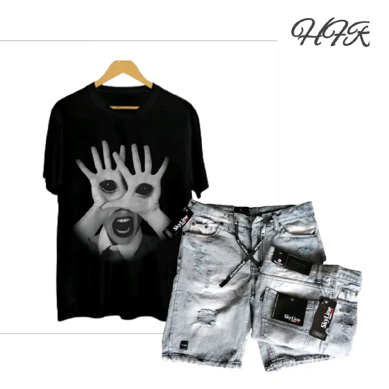 Setelan kaos distro motif mata dan celana jeans sobek pendek dewasa 0