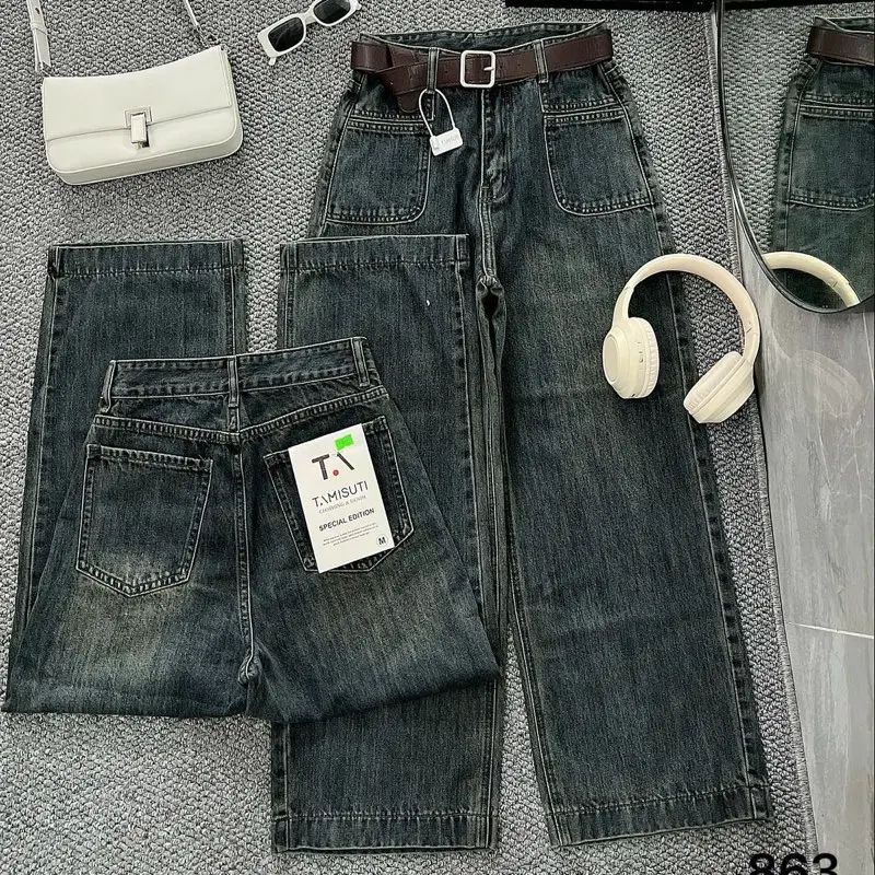 Quần Jeans Nữ Suông Ống Dài 94cm Túi Kiểu Lưng Siêu Cao Có Túi Women Pants