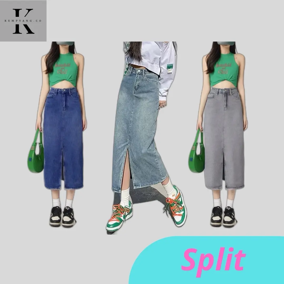 Rok Midi 7/8 Jeans Stretch Belah Depan A-Line Hightwaist
