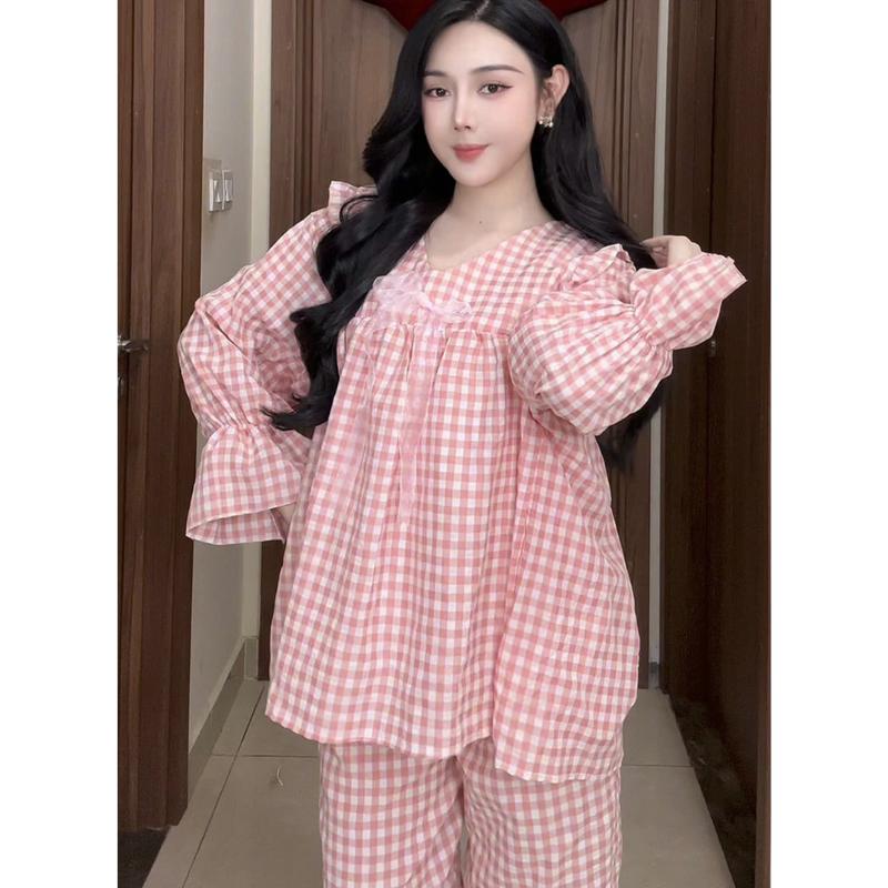 Set đồ bộ nữ babydoll kẻ caro dài tay bánh bèo, bộ đồ măc nhà kẻ caro tay dài quần dài tiểu thư bánh bèo kiểu dáng dễ | BigBuy360 - bigbuy360.vn