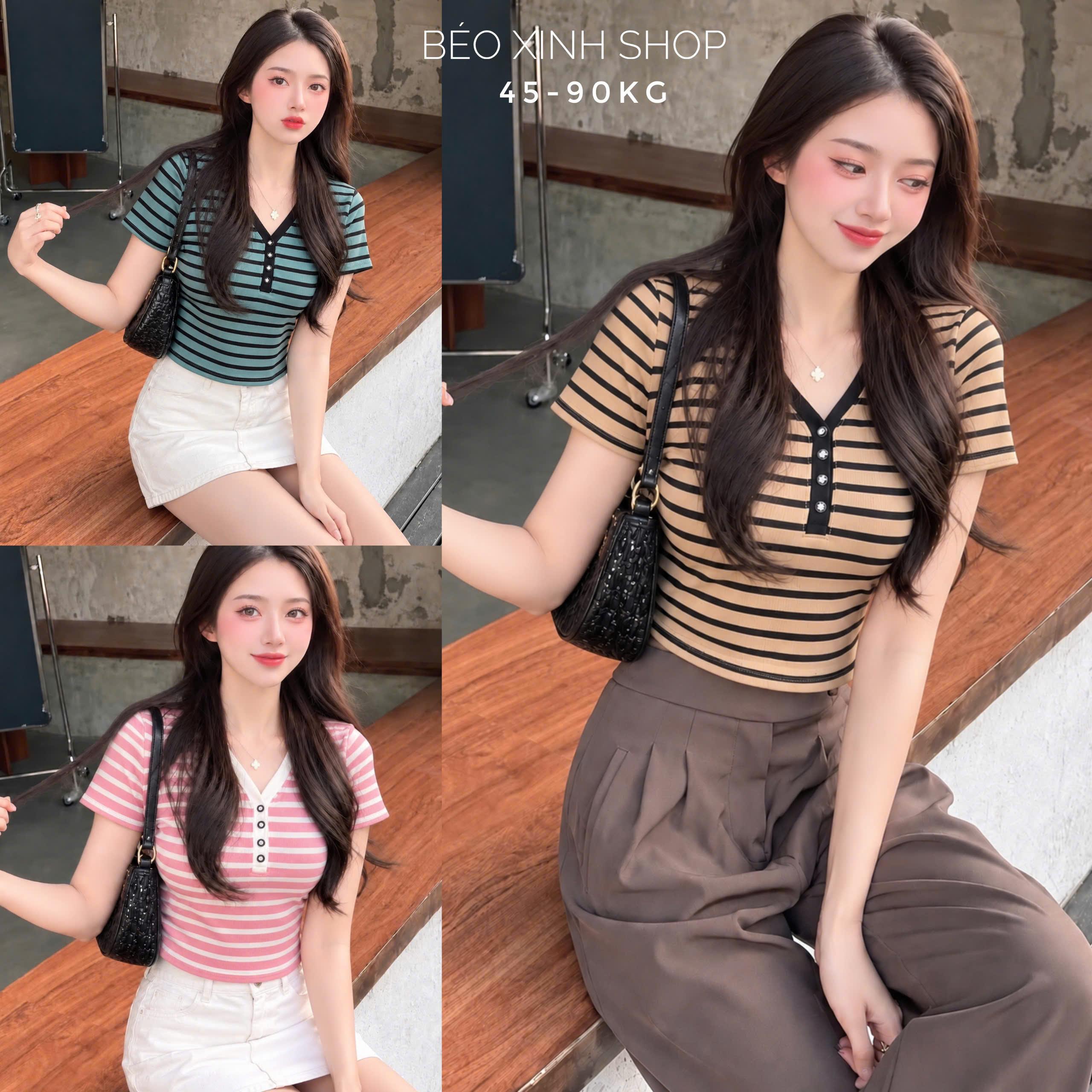 Áo Thun Nữ Borip Sọc Ngang Cổ V Nút Cài Co Giãn Bigsize 45-90Kg Béo Xinh Shop - A.1897