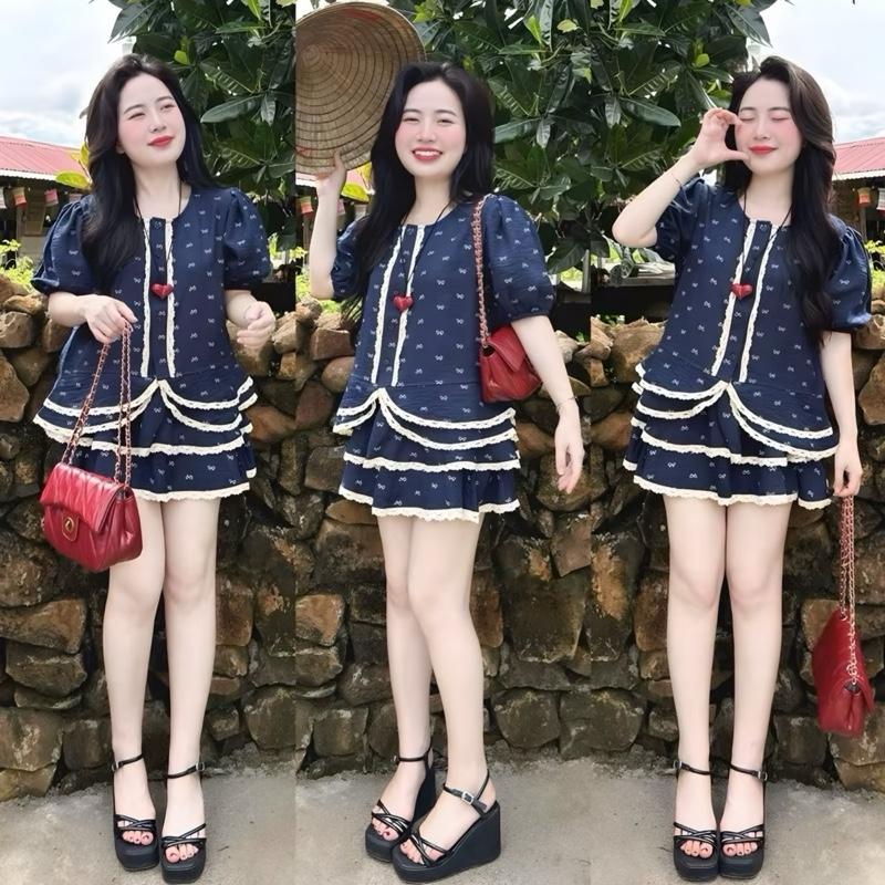 [Bèo Béo Bigsize ] Set Babydoll Tay Bồng Áo Viền Ren Hoạ Tiết Nơ Kèm Chân Váy Tầng Form Bigsize 60-90Kg