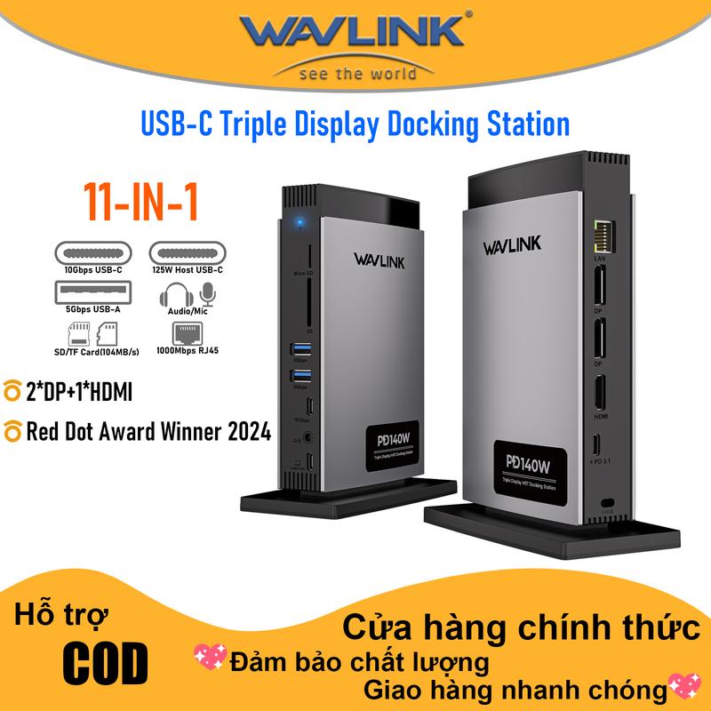 WAVLINK Hub Chia Cổng USB Type C Docking Station 11 in 1 Triple Display Dock To 8K HDMI DP RJ45 10Gbps USB3.0 PD3.1 125W Type C Hub For Laptop Macbook