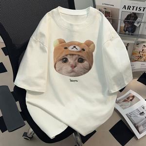 女性用半袖Tシャツ、かわいい子猫の丸首、ゆったり、純綿のカジュアルな上着、丸首、ショルダーベルト、ゆったりとしたシルエット、通気性、肩落ちデザインプリントTシャツ夏のゆったりタイプ