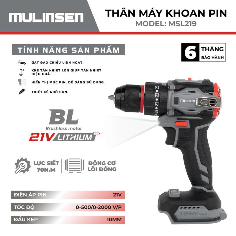 (DEAL SỐC) Thân khoan pin MSL219 lực siết 70N.m tốc độ không tải 0-2000v/p động cơ không chổi than chân pin phổ thông bảo hành 6 tháng