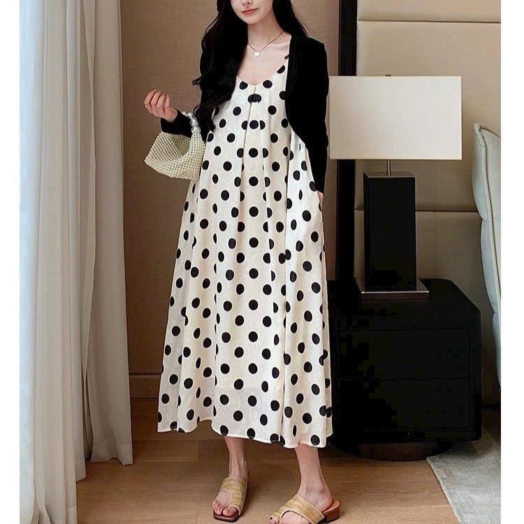 Set Đầm Bầu Váy Chấm Bi bên Trong-áo khoác mỏng bên ngoài 2 chi tiết Bầu Bí