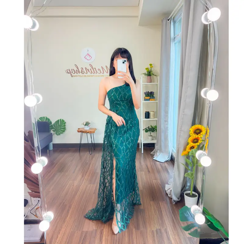 Lace Fur Glitter One Shoulder Dress Wanita Evening Formal 4