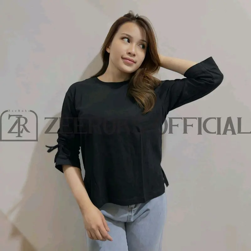 kaos wanita Lengan Panjang 7/8 Minaka Serut Pita Tali Bahan Cotton Combed kekinian Bisa COD 5