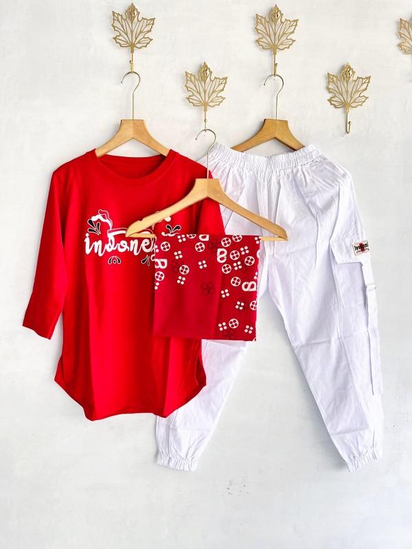 Product Introduction of Setelan Jogger Cigaret JVN Kaos Combed Merah Putih + Hijab Voal Segi Empat Voal  Katun Nyaman 2