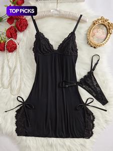 女性の弓の装飾コントラストレースCami Nightdress&Tバックセット、すべての季節のための快適なPjセット、ファッションレディースSleepwear&Homewear、セクシーなランジェリー