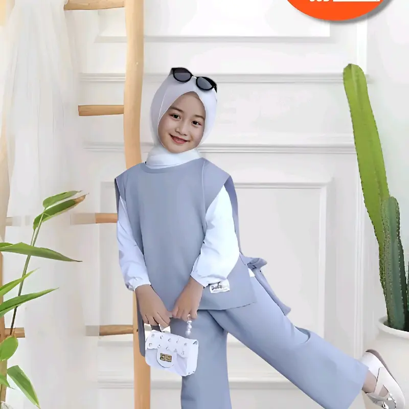 Setelan baju muslim anak perempuan/cewek viral 3-12thn-baju anak terbaru baju anak termurah Nyaman Kaos Panjang Kerudung 3