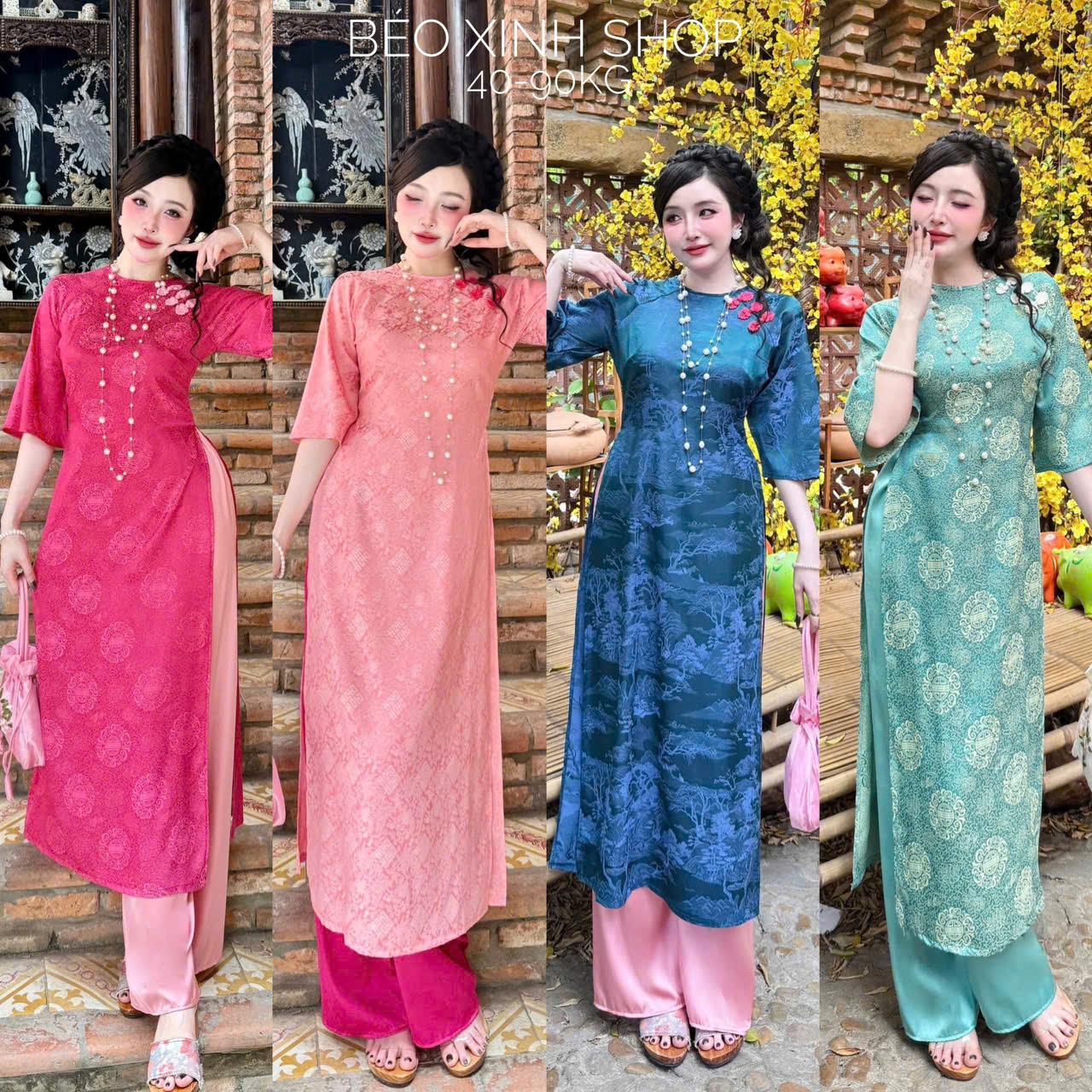 [Tết 2026] Áo Dài Cách Tân Cổ Tròn Phối Nơ Vải Gấm 2 Da Cao Cấp Quần Vải Latin 40-95Kg Nữ Women Dress Voan - A.1731