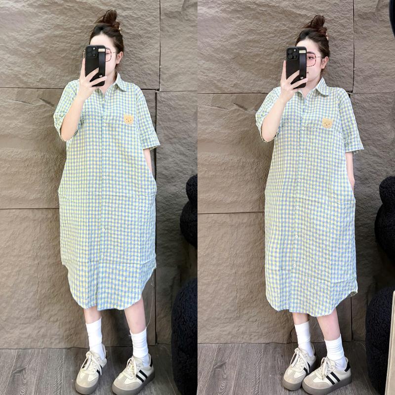 Đầm Sơ Mi Nữ Dáng Suông Kẻ Caro Thêu Gấu mùa Hè Cho Nữ Vải Thoáng Mát Có Túi Eo