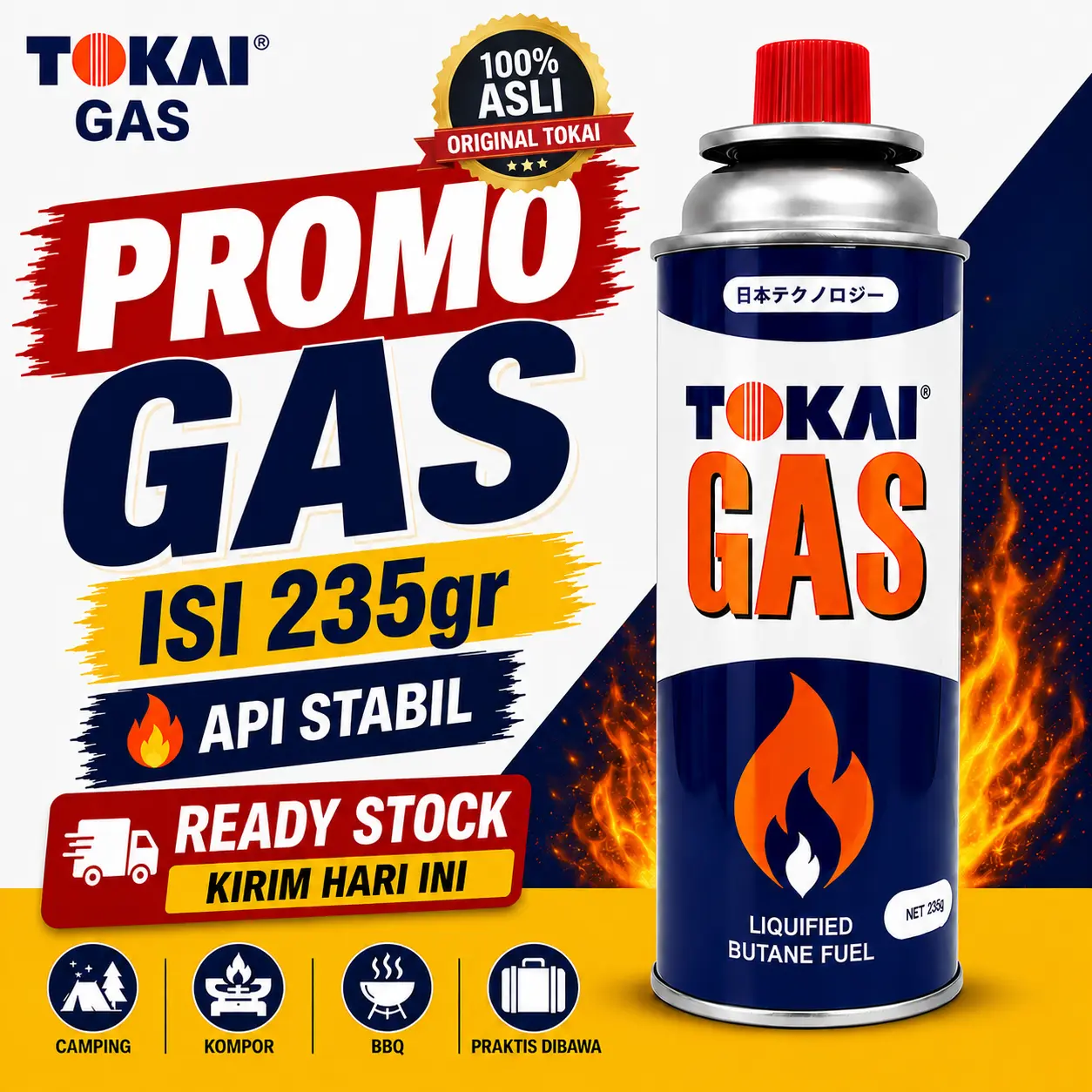 Gas Portable Tokai 235gr Original Butane Gas Kaleng Kompor Camping BBQ Torch Isi Full