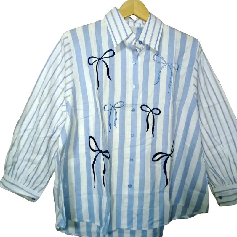 Kemeja Pita Bordir Ice Blue LD 120 - Baju Wanita Casual - Atasan, Katun, Kancing, Panjang, Oversize 1