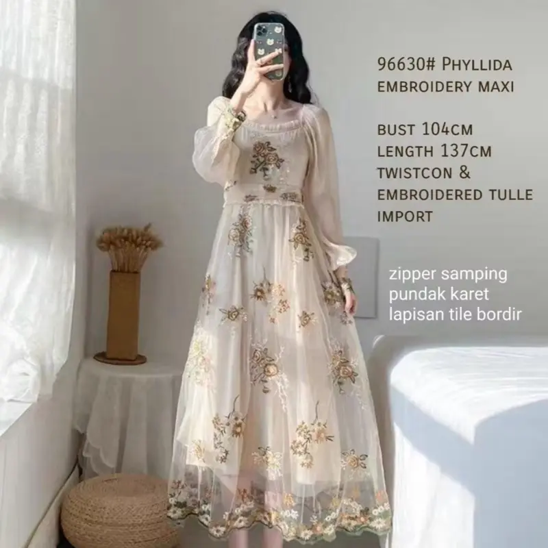 Dress Phyllida Embroidery Maxi TM 96630 gaun wanita import kasual model korean fashion undangan acara pesta terbaru best seller new terlaris maksi Panjang Cewek 1