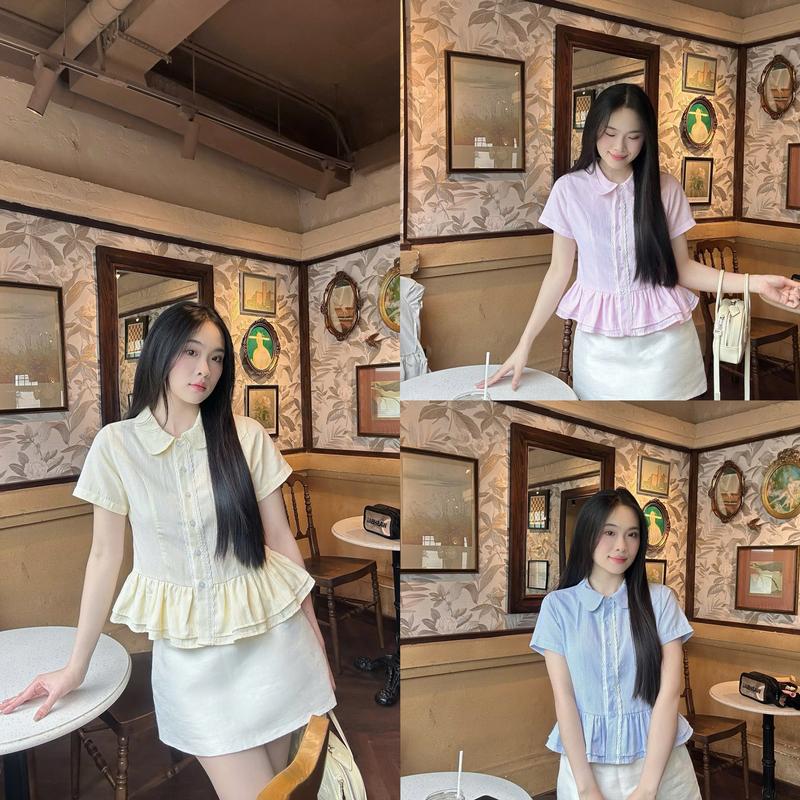 ( live) Áo sơ mi babydoll nữ  hai tầng bèo trẻ trung LAMO - B1470