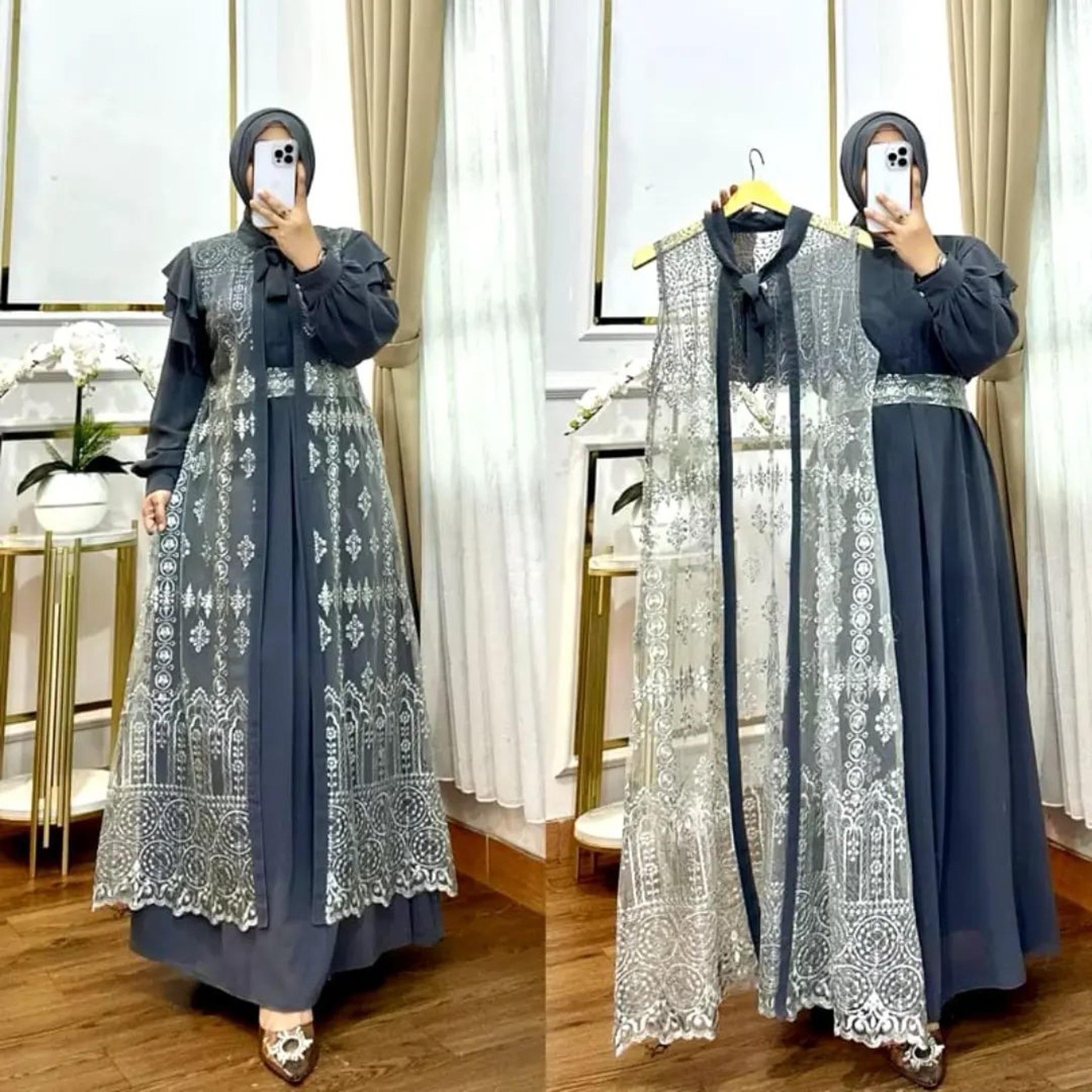 Setelan Dress + Outer Wanita Nashita Dress Bahan Ceruty Babydoll Aksen Brukat Gamis Muslimah