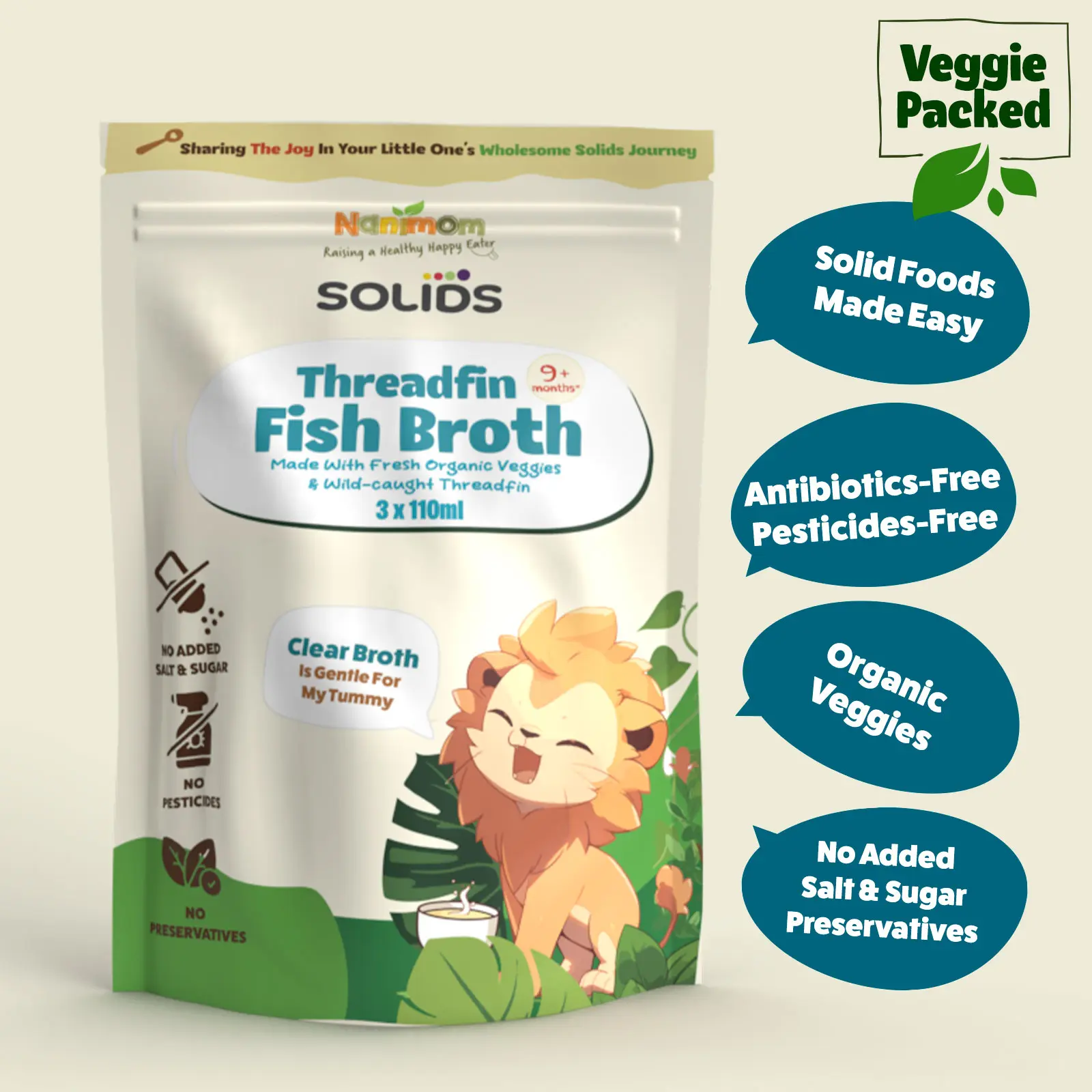 Nanimom Clear Fish Veggie Broth for 9+ Months Babies - Wild-caught threadfin, Carrot, Onion and Celery in 110ml x 3 Pack