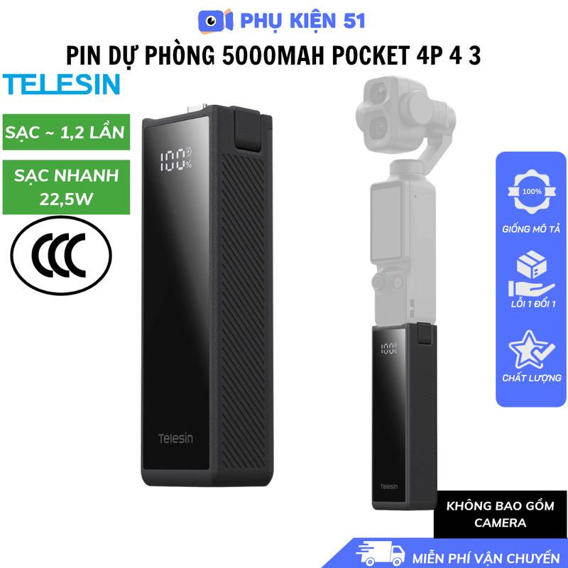 Pin dự phòng Telesin Pocket 4P 4 3 sạc 1,2 lần có CCC màn hình báo % pin màu đen
