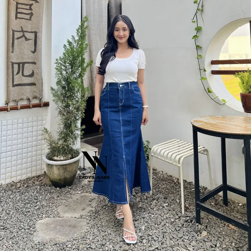 NN -  Mermaid Maxi Skirt Rok Duyung Wanita Casual Jeans Kancing Karet Belah Depan rok  duyung span rok  jeans Panjang Denim 4