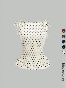 Chaleco plisado de mujer con lunares y lazo en el hombro, cintura fruncida, top casual elegante para uso diario, diseño cómodo y a la moda