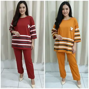 Setelan Perempuan Dewasa LOGO MIKI elegan Outfit Fashion Baju kaos wanita lengan 7/8 celana panjang