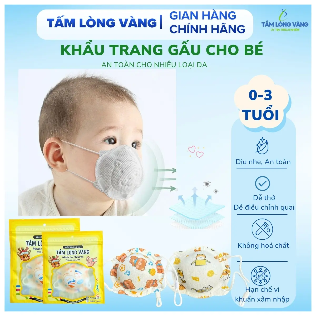 [Deal Mở Bán ][0-3tuổi]Combo 10,20 chiếc khẩu trang trẻ em hình con gấuTấm Lòng Vàng cho bé sơ sinh cao cấp không mùi , mềm mại