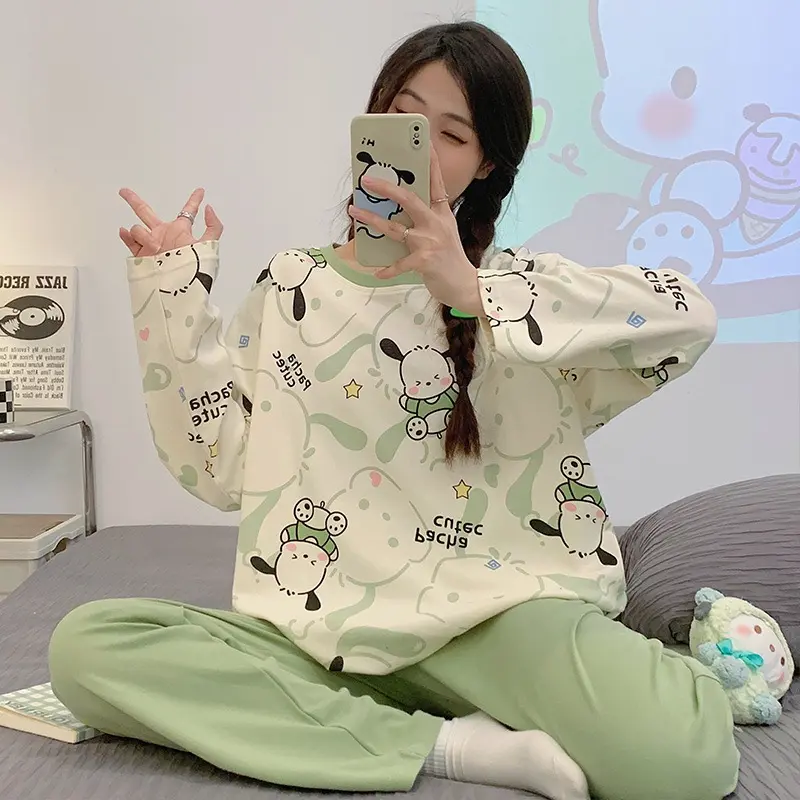 YBSS Setelan baju tidur wanita dewasa lembut serap keringat bahan katun polyester lengan pendek panjang celana panjang set piyama perempuan remaja terbaru kekinian motif karakter animasi lucu ukuran jumbo fit to XXL cocok untuk santai harian PY005 PY 3
