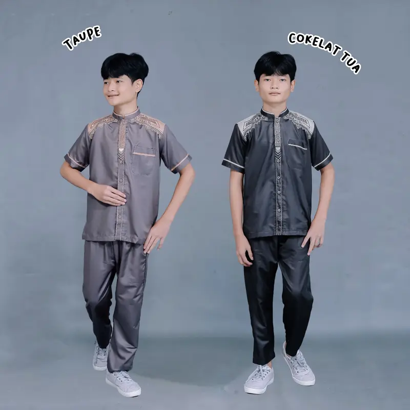 [Asriyani] Setelan Baju Koko Anak Azzam Lengan Pendek Muslim Pria Kombinasi Bordir Simpel Elegant Katun New Roky 4