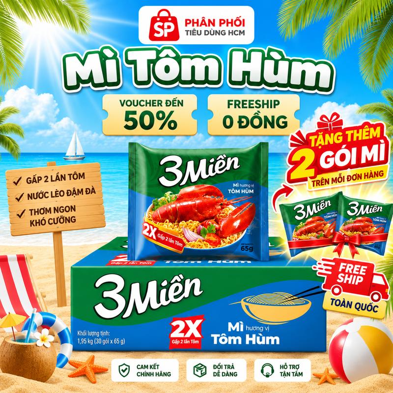 Thùng 30 gói Mì 3 Miền Tom Hùm 65g Thùng 30 Gói Vị Thanh Đạm Ăn Liền Tiện Lợi - UN8T