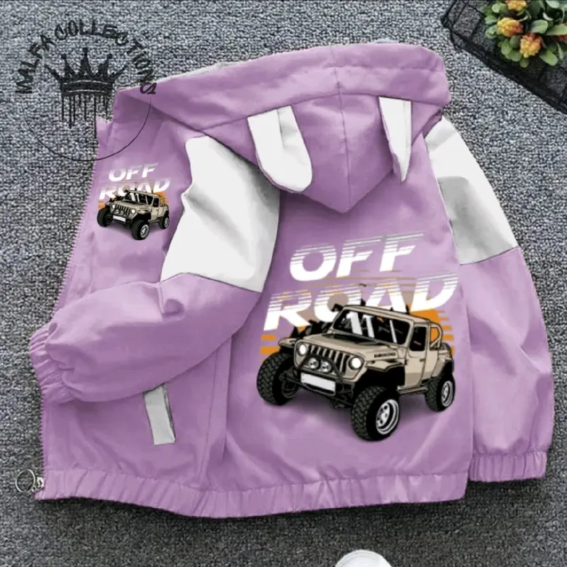 jaket anak kombinasi waterfroop premium berkualitas tinggi cocok buat anak laki" yang bergambar mobil off Road sang peredator jalanan hutan 4