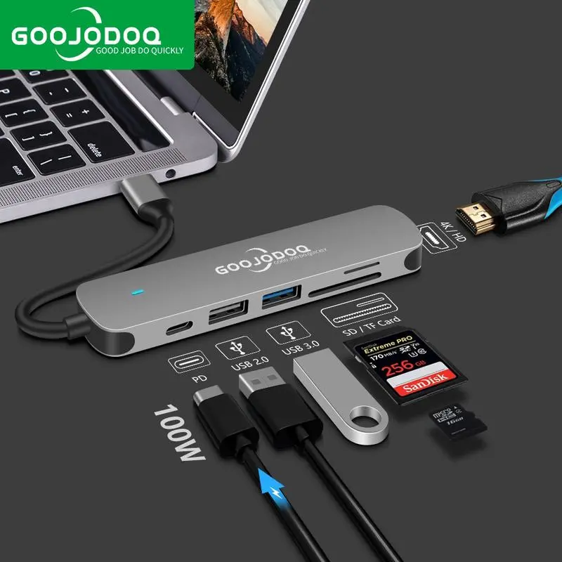 GOOJODOQ 4in1 / 6in1 USB Type-C Hub Adapter HDMI USB C to USB 3.0 Adapter Card Reader Ultra Slim Data Hub HDTV PD TF SD Card Computer Laptop Phone