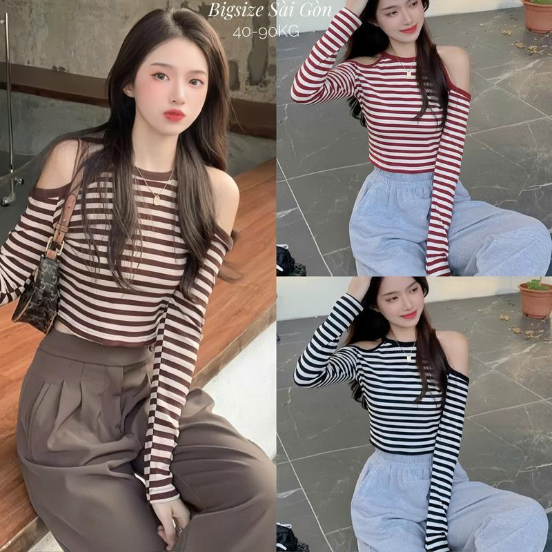 Áo Thun Nữ Ôm Body Thời Trang Noel Phối Trễ Vai Vải Sọc Rip Mềm Mịn Co Giãn Bigsize 45–90kg Dễ Thương Nữ Women Top Nhung – A.1695
