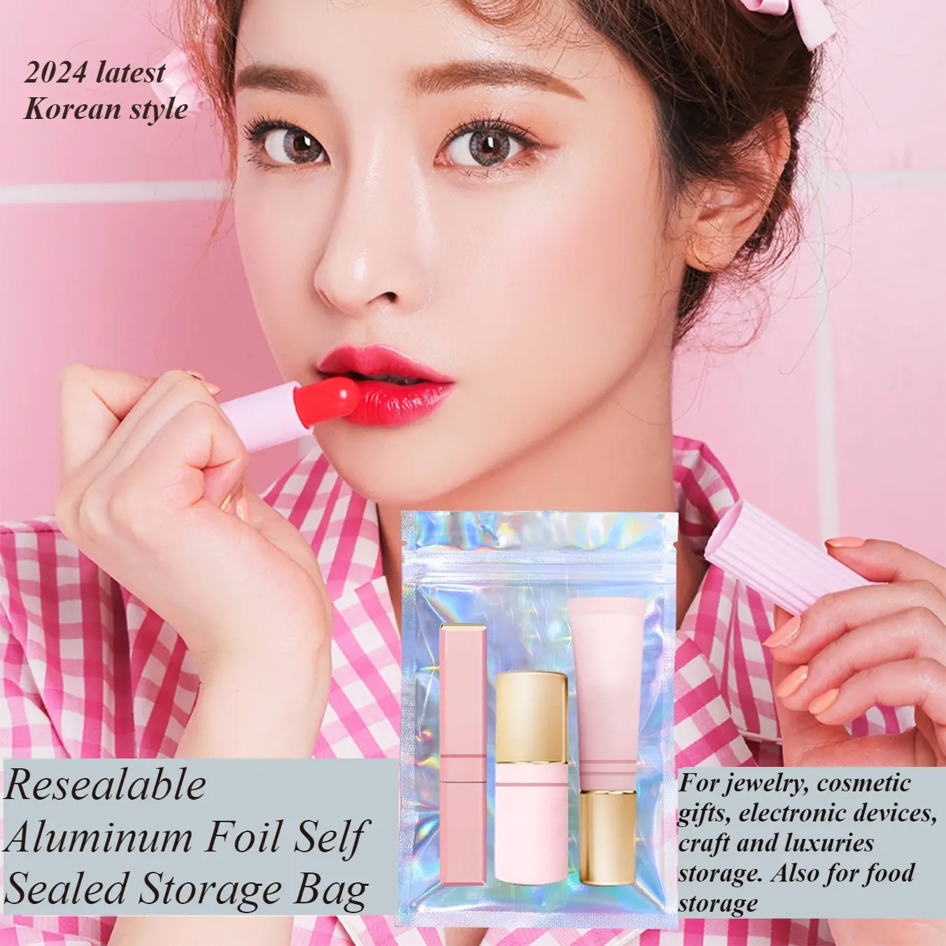 Multifunction Resealable Aluminum Foil Self Sealed Storage Bag / Ziplock Smell Proof Bags Laser Food Storage Foil Pouch / Jewelry Accessories,Cosmetic,Gifts Packaging Bag Korean Organiser