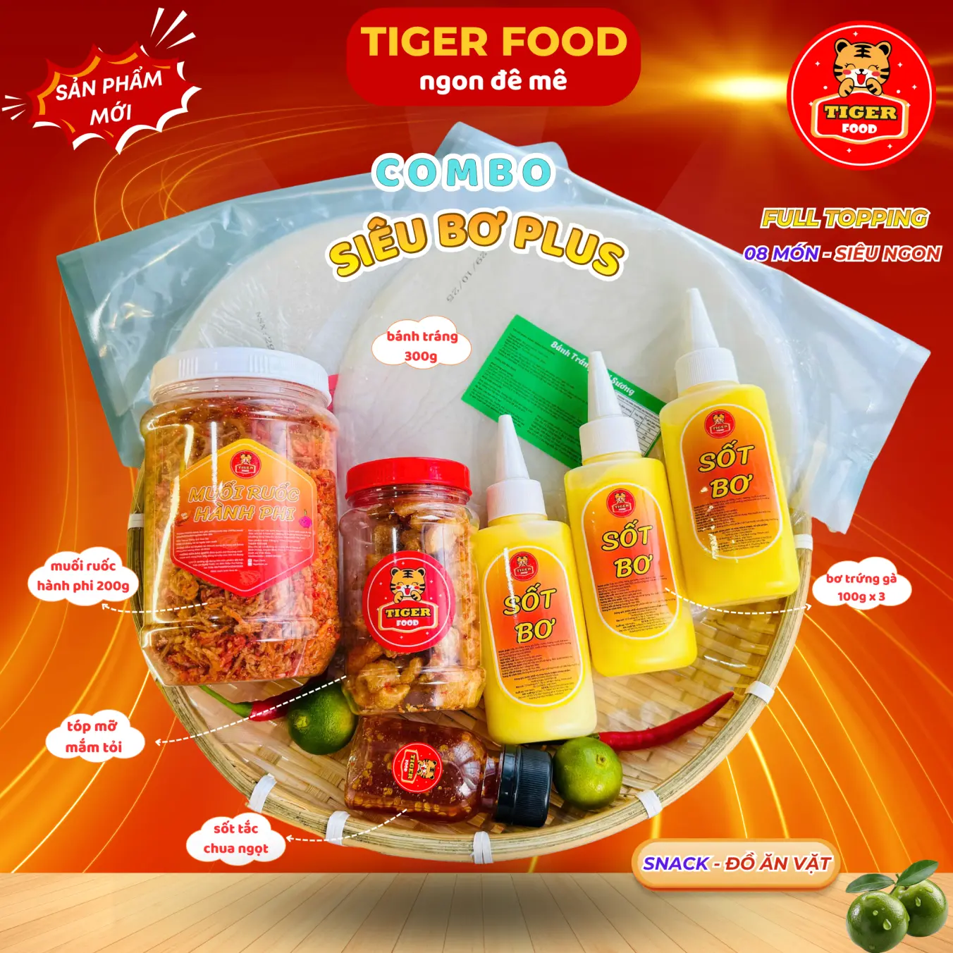 Bánh tráng phơi sương COMBO SIÊU BƠ PLUS - TIGER FOOD - Bánh Tráng + Muối Tôm Hành Phi + Bơ Trứng Gà + Tóp Mỡ + Sốt Tắc Chua Ngọt SIÊU NGON - Đồ ăn vặt Snack Food